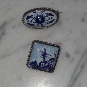 Vintage Delft Blue Porcelain Scatter Pins Windmill & Floral Silver Tone Brooch